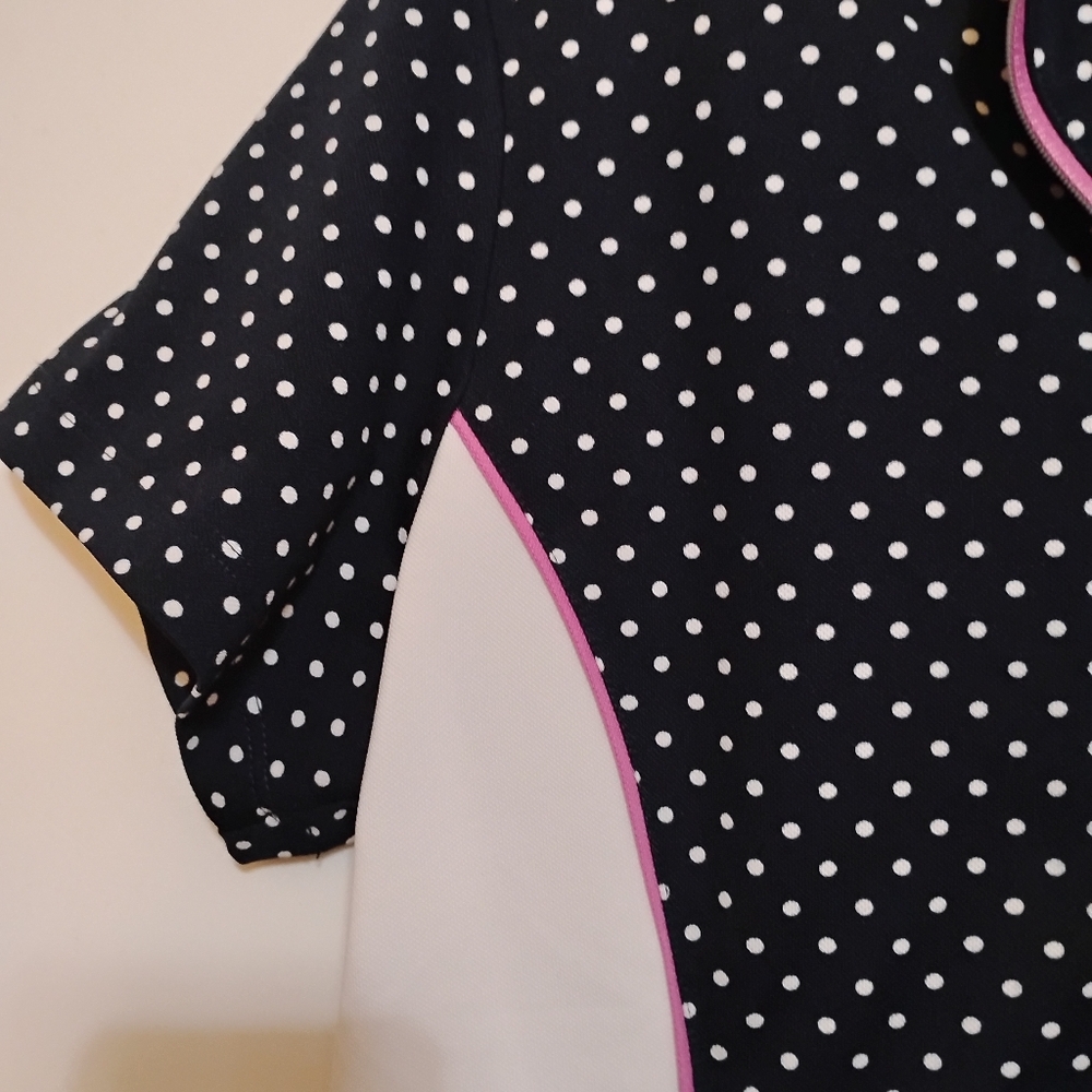 TAIL Black and White Polka Dots Polyester Short Sleeve Pink ZipUp Top L - Picture 6 of 9